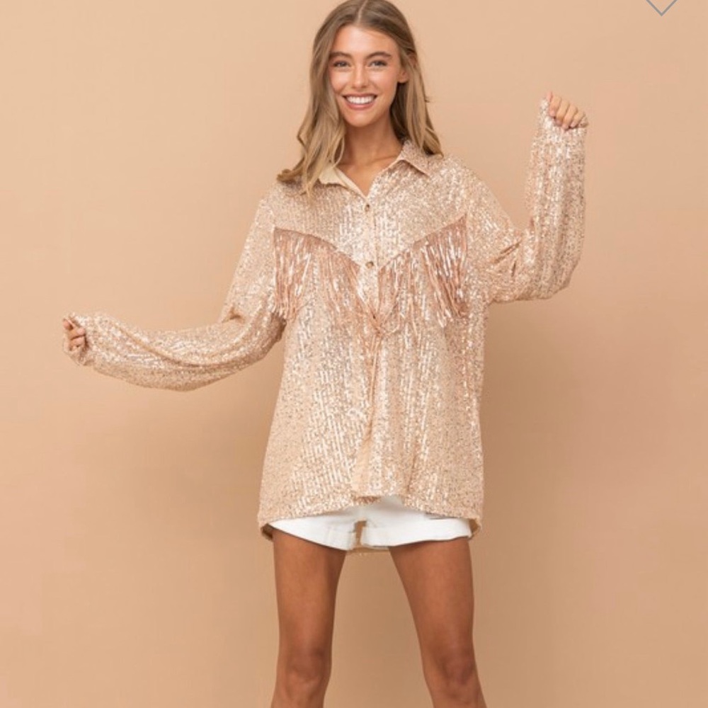 Sequin Fringe Button Up Blouse